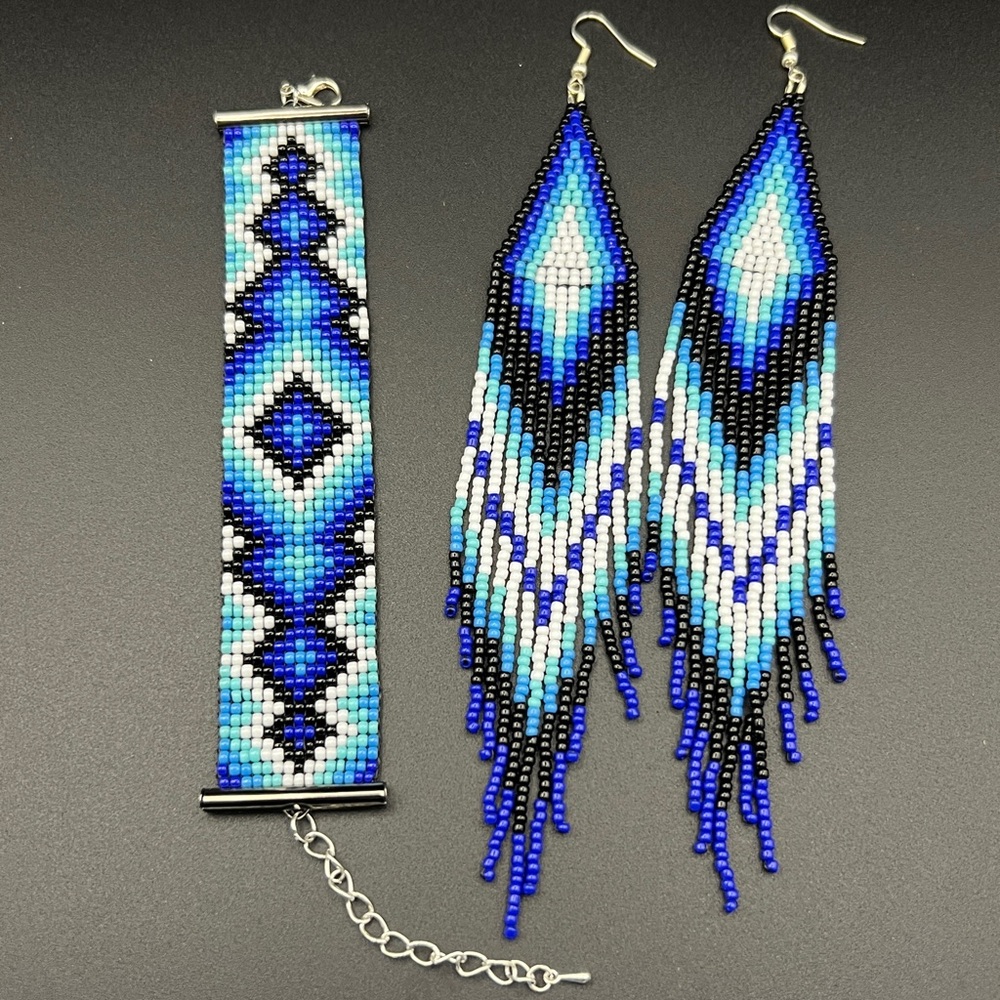 Loom Beaded Cuff Bracelet and Triangle Fringe Earrings Set